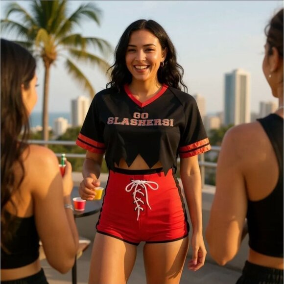Fantasy Footballer Costume Set W/ “Go Slashers!” Crop Top & Lace-Up Shorts – NWT - Picture 2 of 4